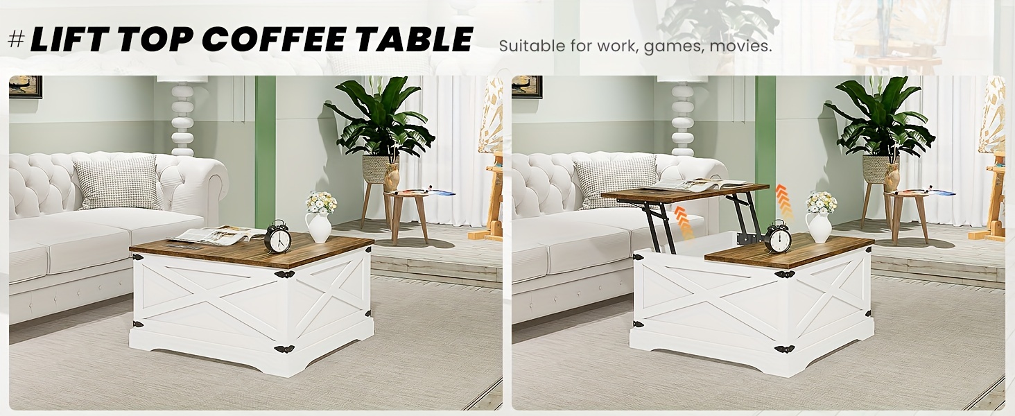 farmhouse   coffee table lift top coffee table with wireless charging station coffee table with large hidden storage shelf for living room 31 5 inch 80cm d x 31 5 inch 80cm w x 18 inch 45 7cm h details 3