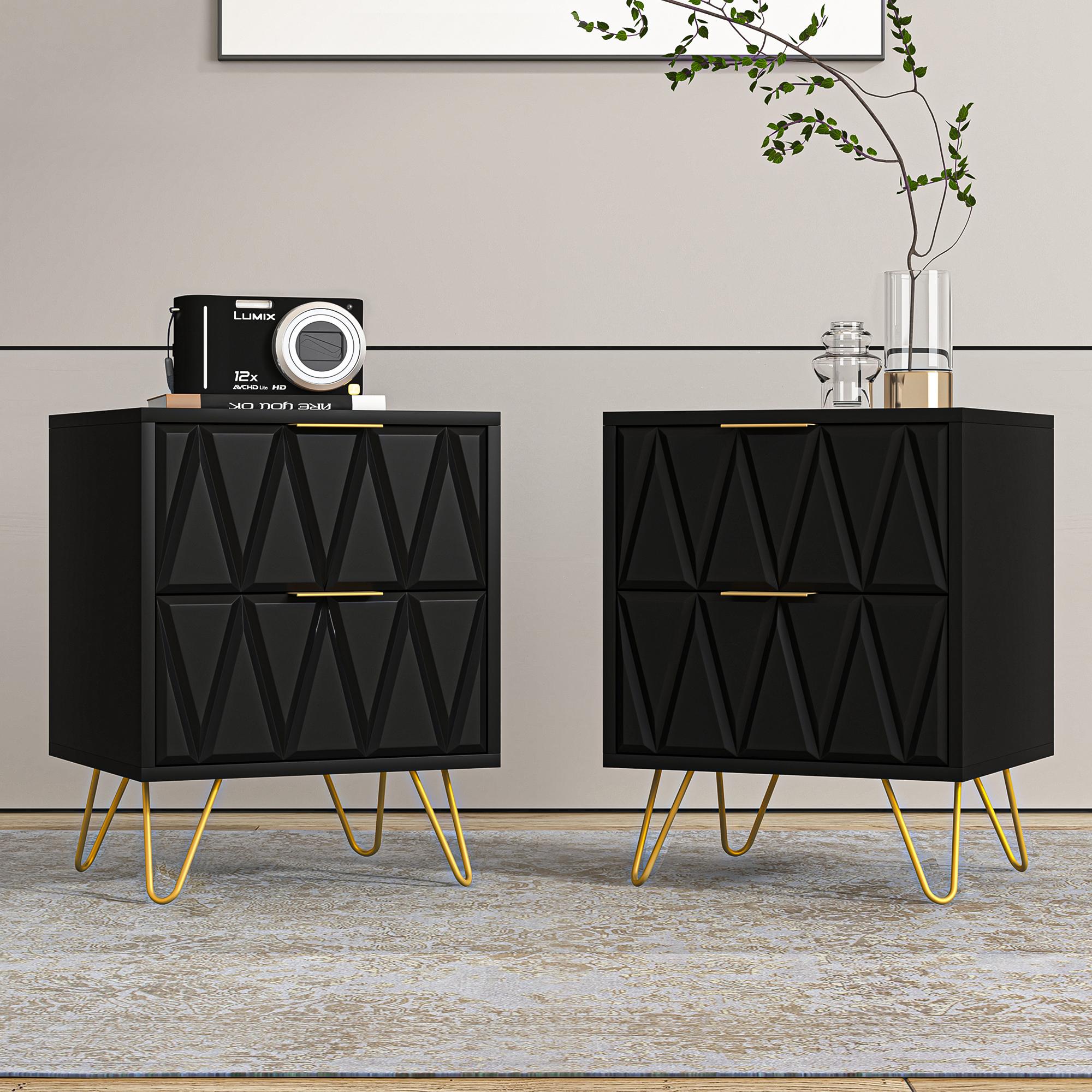 black nightstand set of 2 modern end side table bedside table with 2 drawers night stand with gold legs for living room bedroom details 0