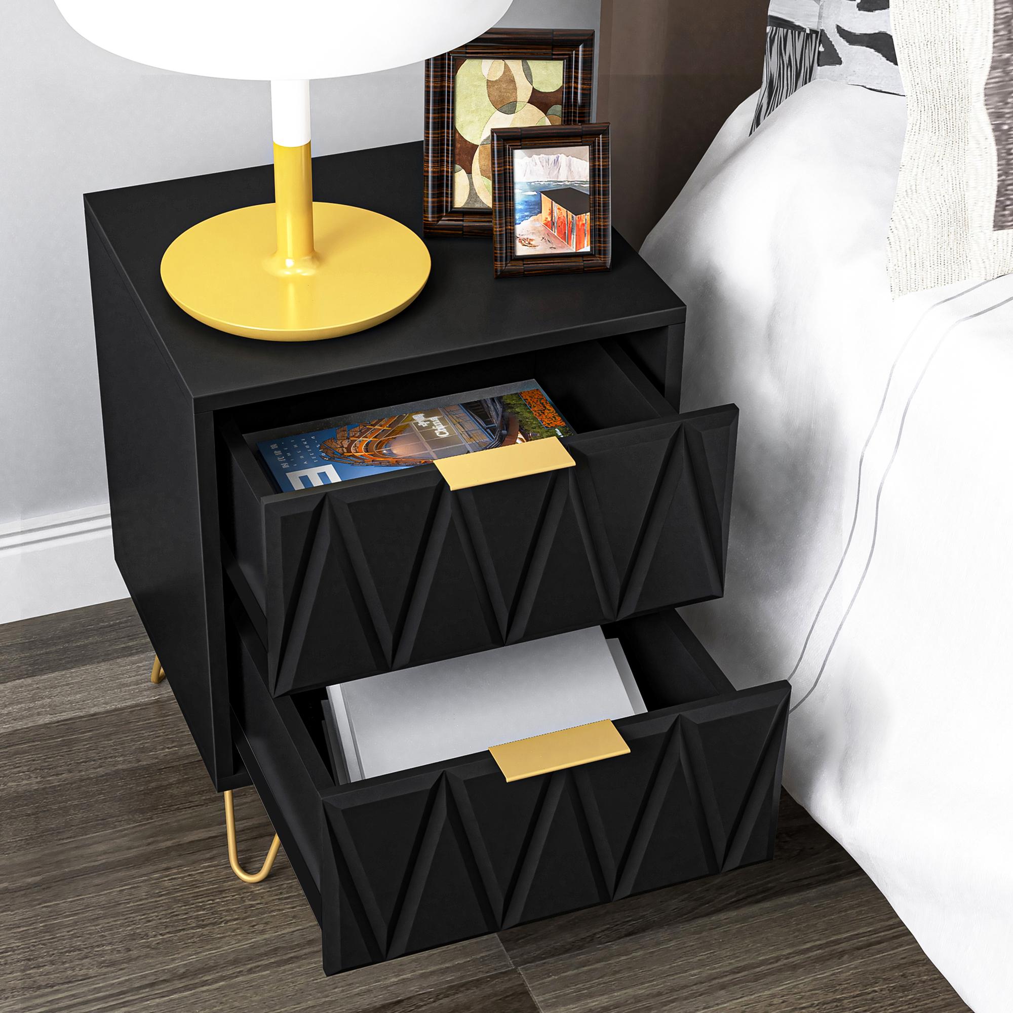 black nightstand set of 2 modern end side table bedside table with 2 drawers night stand with gold legs for living room bedroom details 2