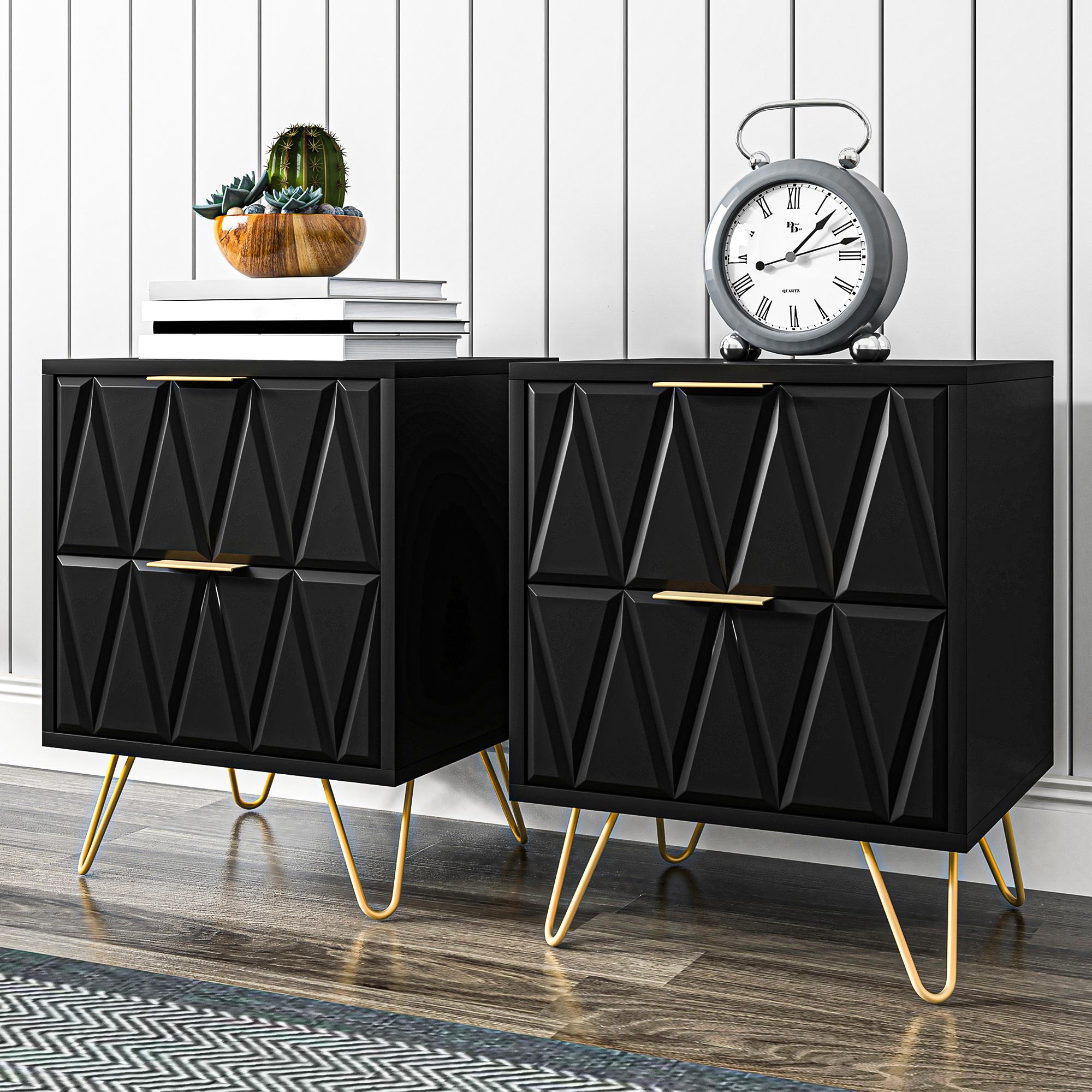 black nightstand set of 2 modern end side table bedside table with 2 drawers night stand with gold legs for living room bedroom details 5