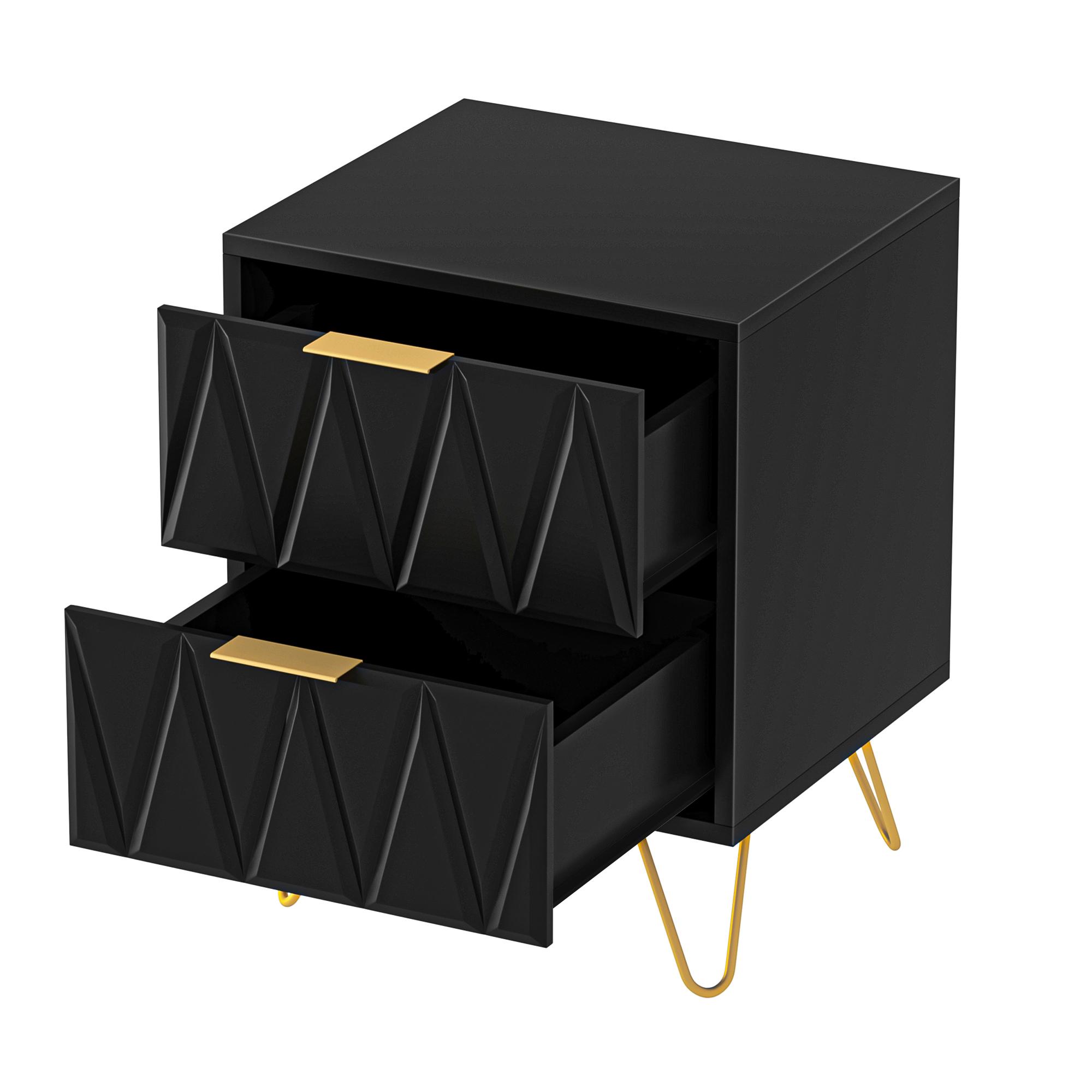 black nightstand set of 2 modern end side table bedside table with 2 drawers night stand with gold legs for living room bedroom details 6