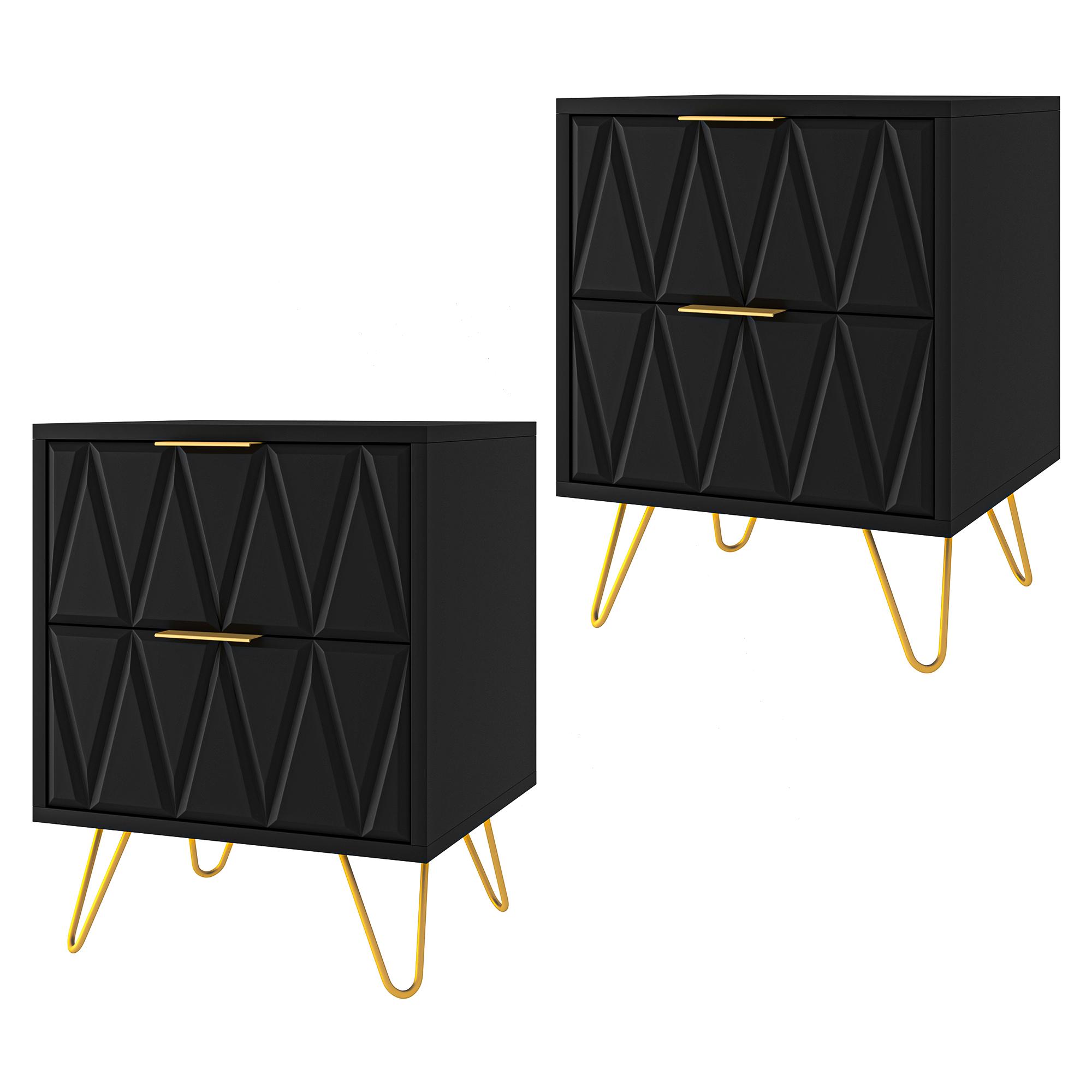 black nightstand set of 2 modern end side table bedside table with 2 drawers night stand with gold legs for living room bedroom details 7