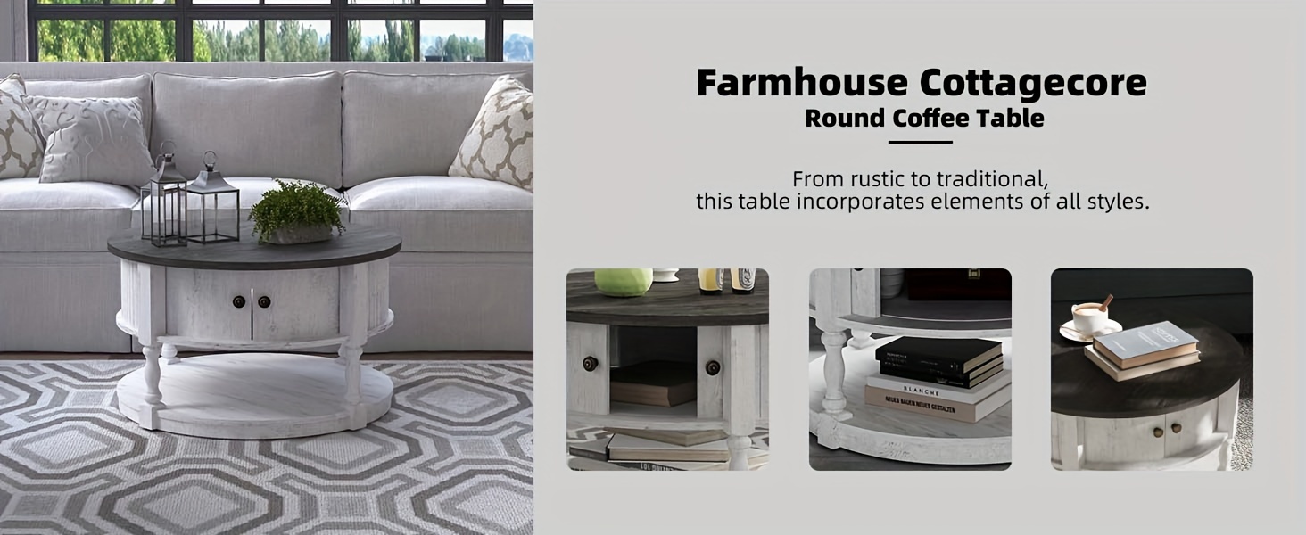 round coffee table with storage farmhouse coffee table with sliding cabinet door coffee table for living room 2 tier   table 31 5 white details 2