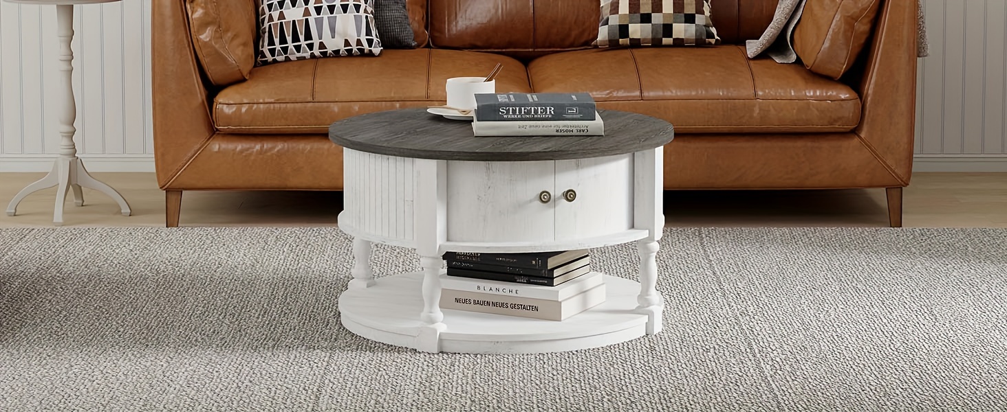 round coffee table with storage farmhouse coffee table with sliding cabinet door coffee table for living room 2 tier   table 31 5 white details 4