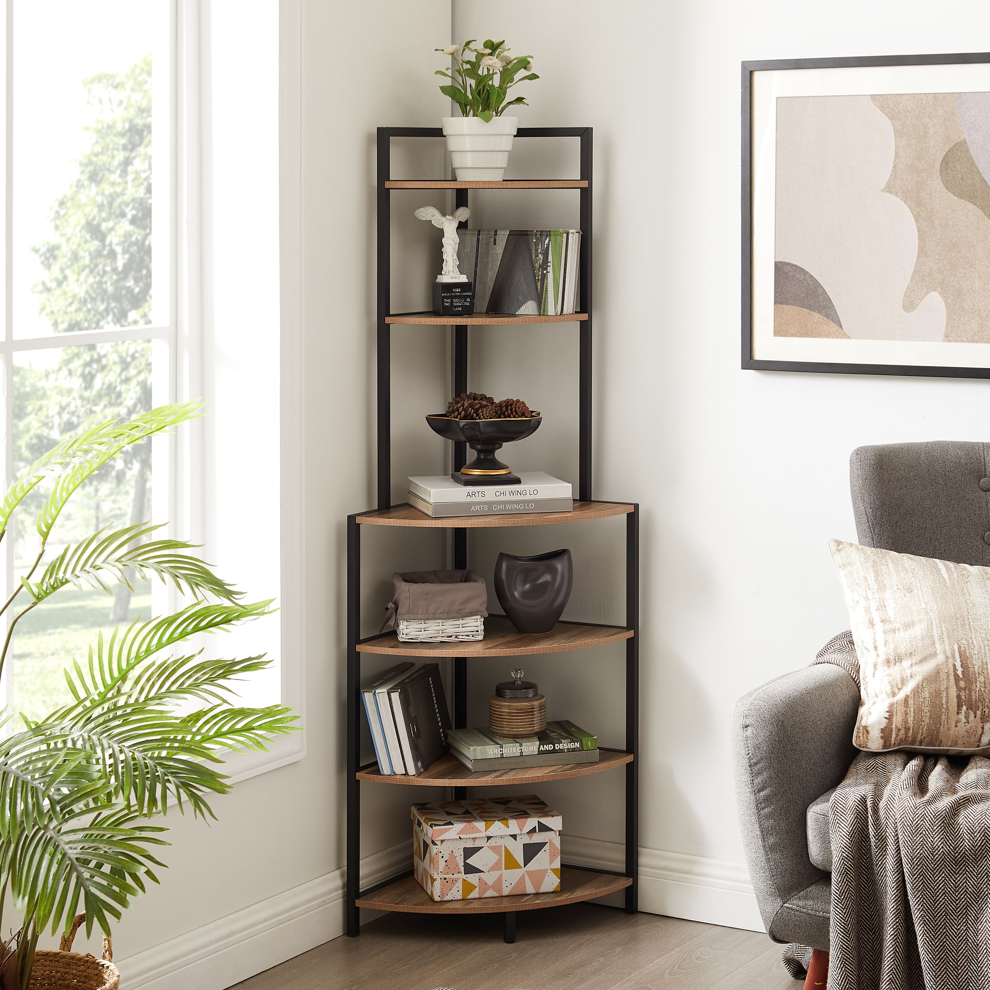 6 tier corner open shelf modern bookcase wood rack freestanding shelving unit plant album trinket sturdy stand small bookshelf space saving for living room home office kitchen small space rustic brown details 0