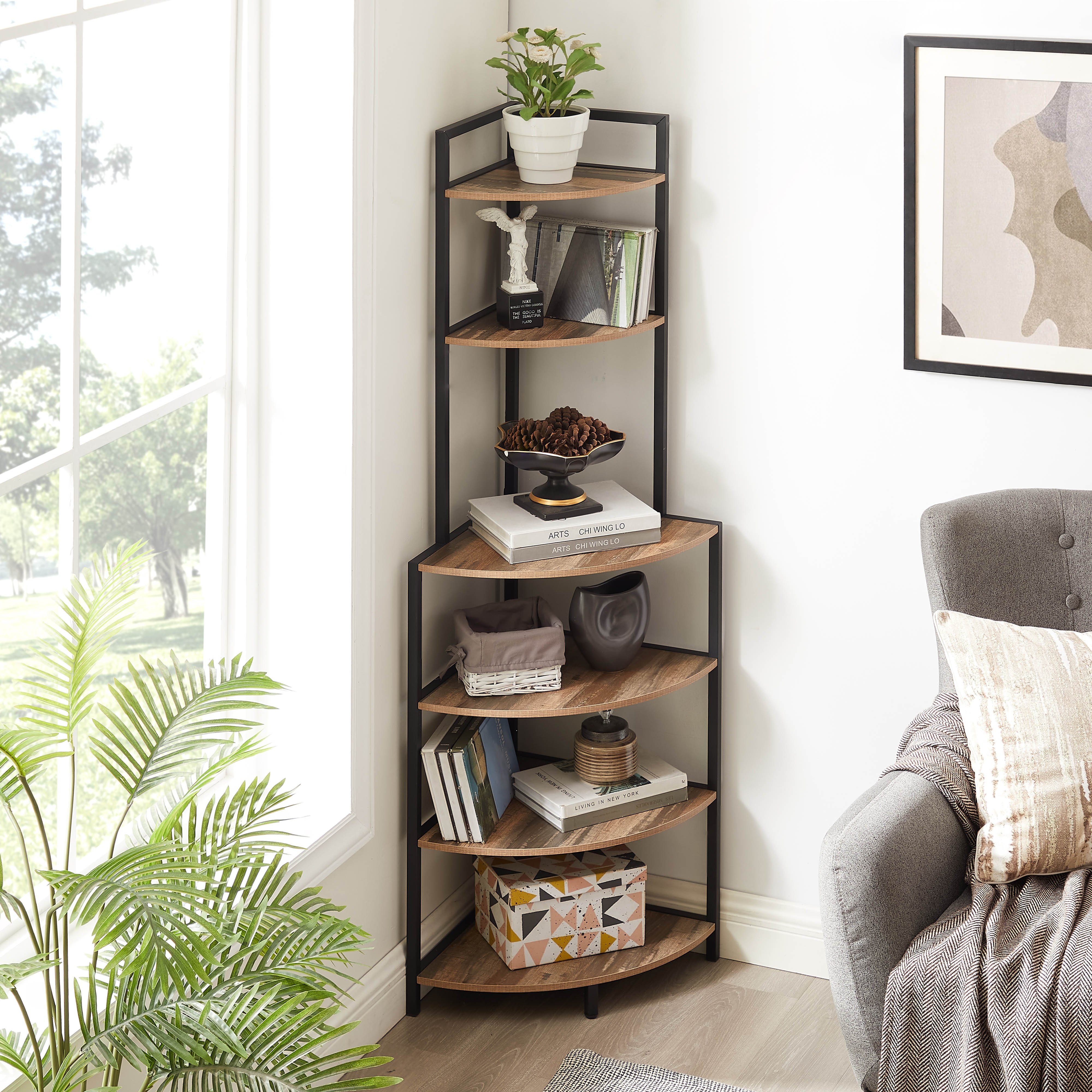 6 tier corner open shelf modern bookcase wood rack freestanding shelving unit plant album trinket sturdy stand small bookshelf space saving for living room home office kitchen small space rustic brown details 2