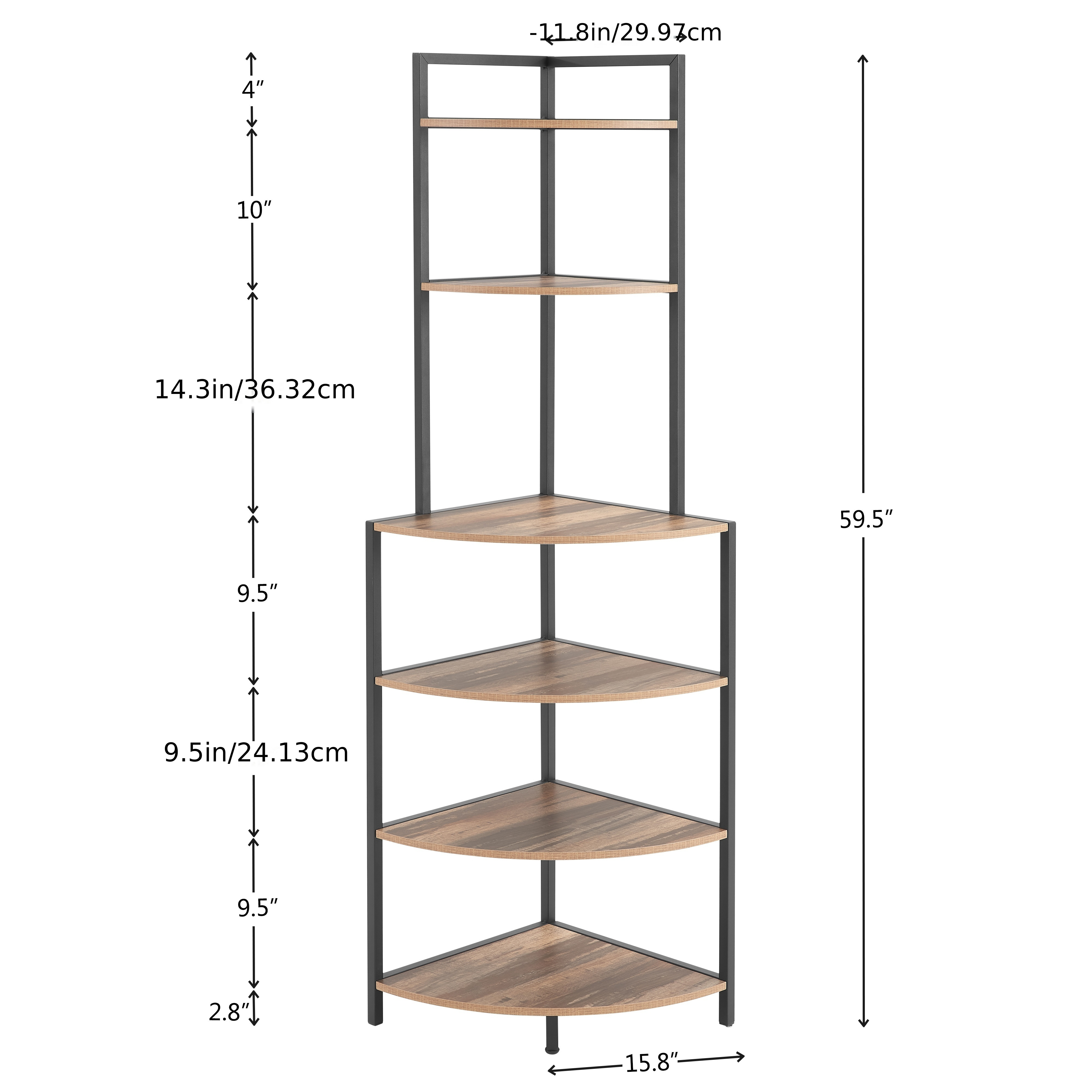 6 tier corner open shelf modern bookcase wood rack freestanding shelving unit plant album trinket sturdy stand small bookshelf space saving for living room home office kitchen small space rustic brown details 4