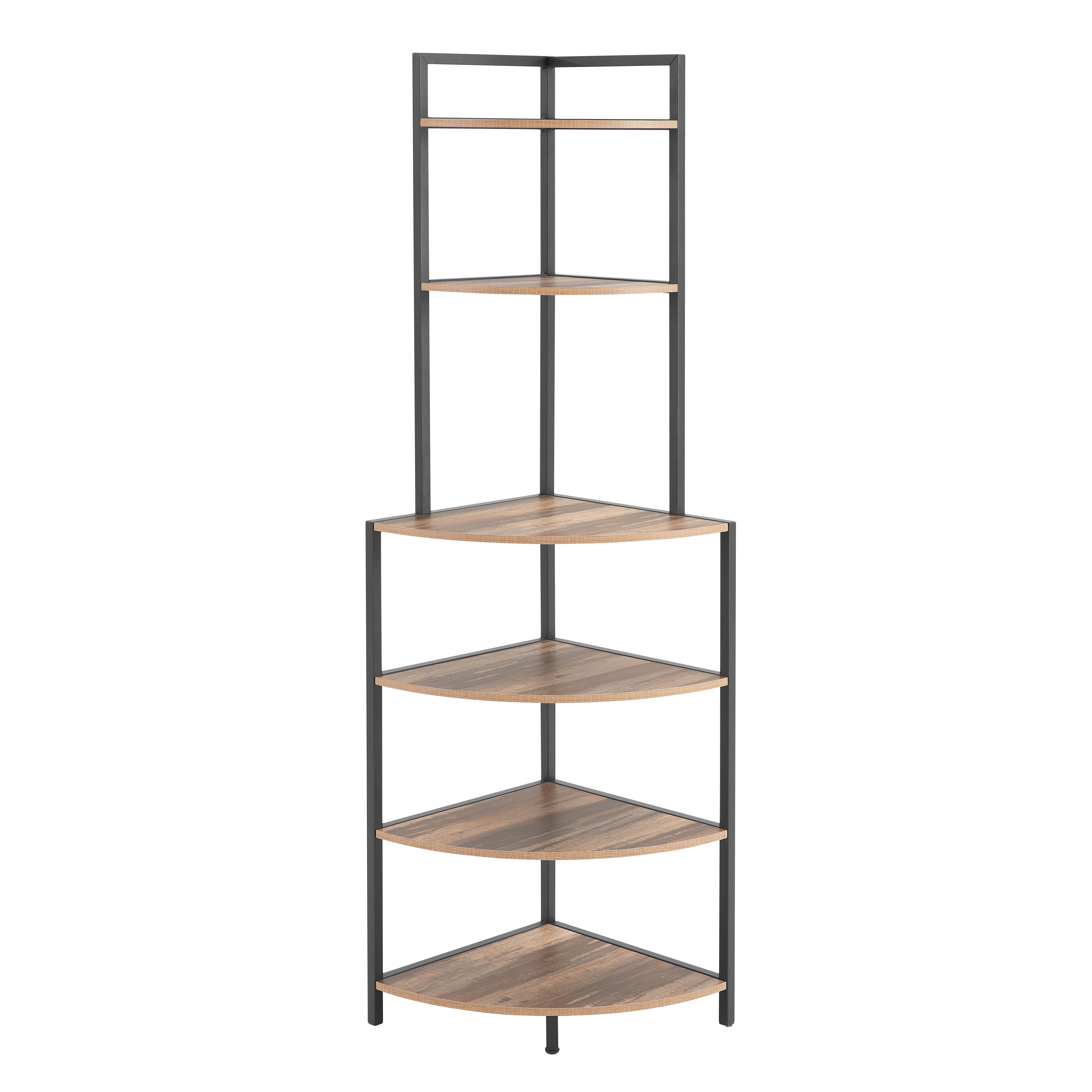 6 tier corner open shelf modern bookcase wood rack freestanding shelving unit plant album trinket sturdy stand small bookshelf space saving for living room home office kitchen small space rustic brown details 6