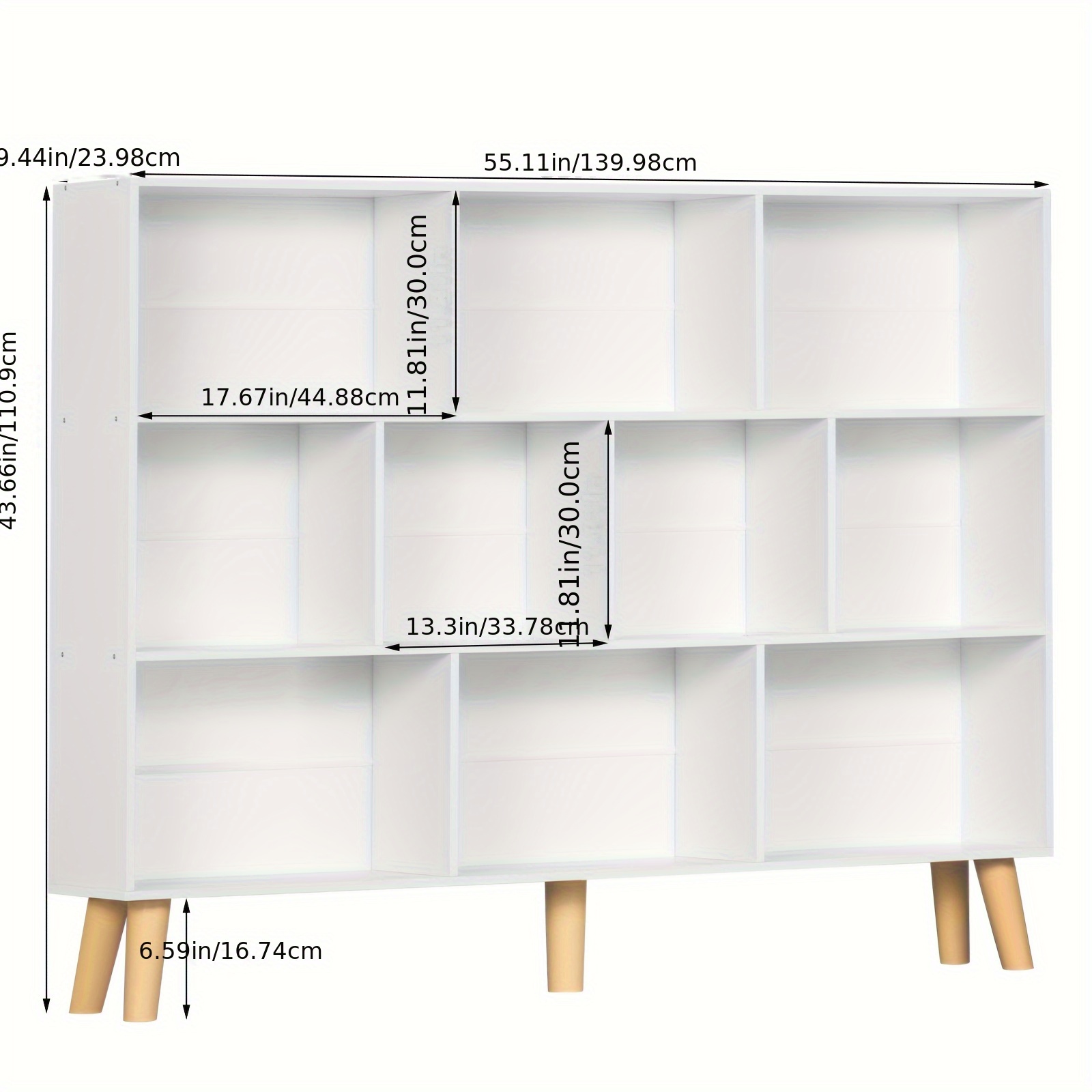 10 cube bookshelf 3 tier modern wide bookcase with legs   century wood bookshelves storage white large book case freestanding organizer display shelf for bedroom living room office details 4