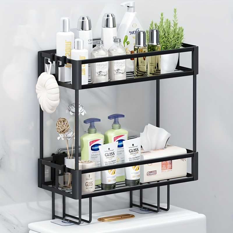 bathroom organizers and storage 2 tier over toilet storage bathroom storage with 2 hooks toilet paper holder wall mounted floating shelves furniture gifts for women mothers day black details 1