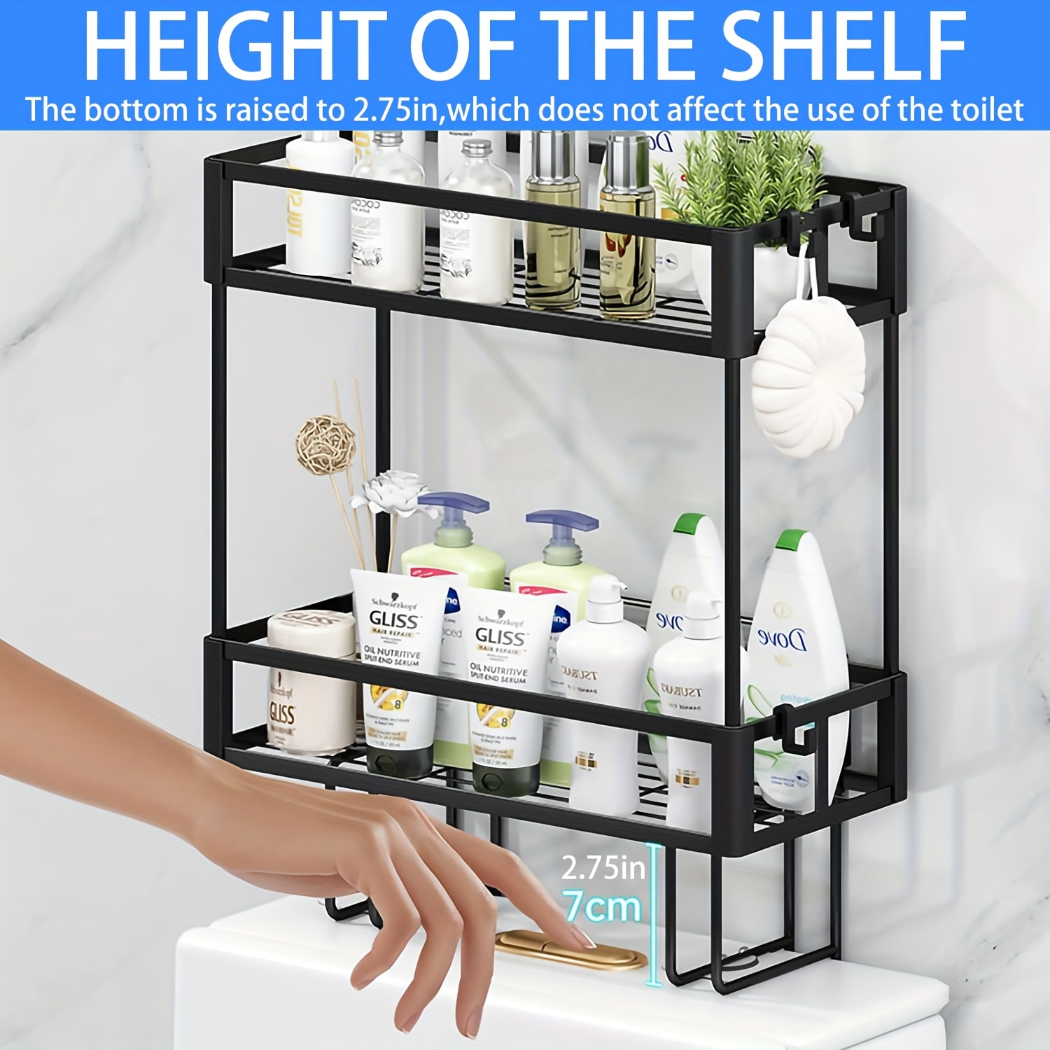 bathroom organizers and storage 2 tier over toilet storage bathroom storage with 2 hooks toilet paper holder wall mounted floating shelves furniture gifts for women mothers day black details 3