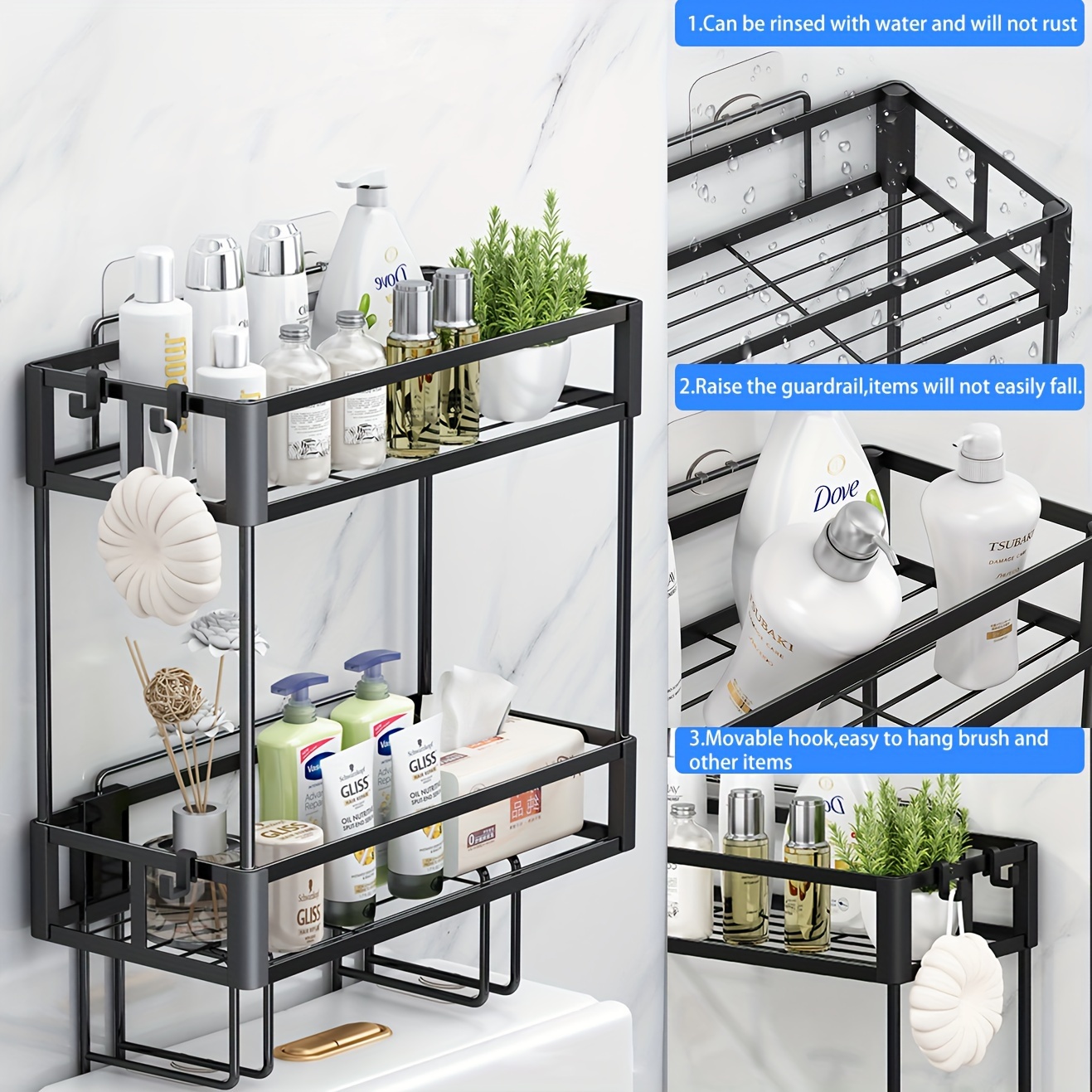 bathroom organizers and storage 2 tier over toilet storage bathroom storage with 2 hooks toilet paper holder wall mounted floating shelves furniture gifts for women mothers day black details 4