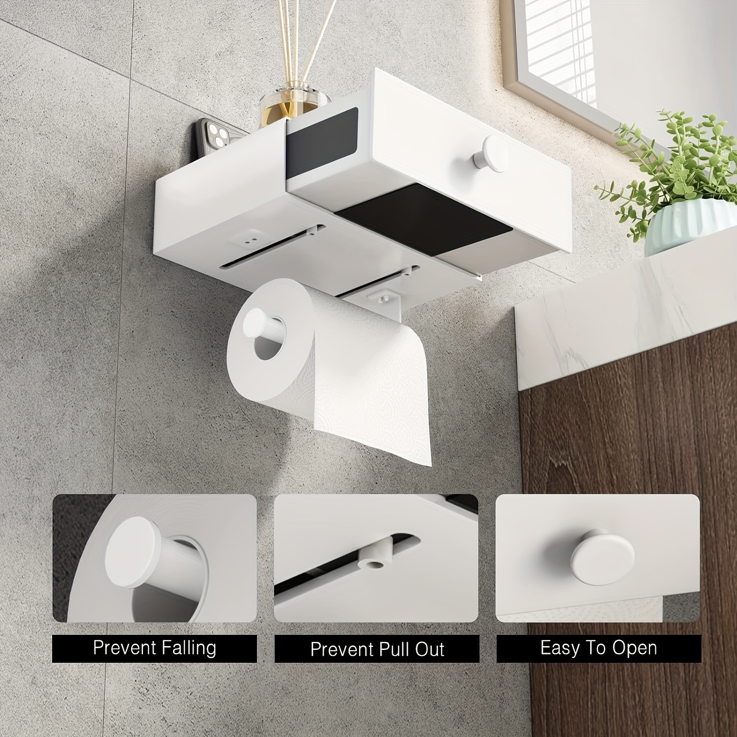 toilet paper holder with shelf toilet paper holder with storage wipes dispenser for bathroom toilet tissue holder white details 0