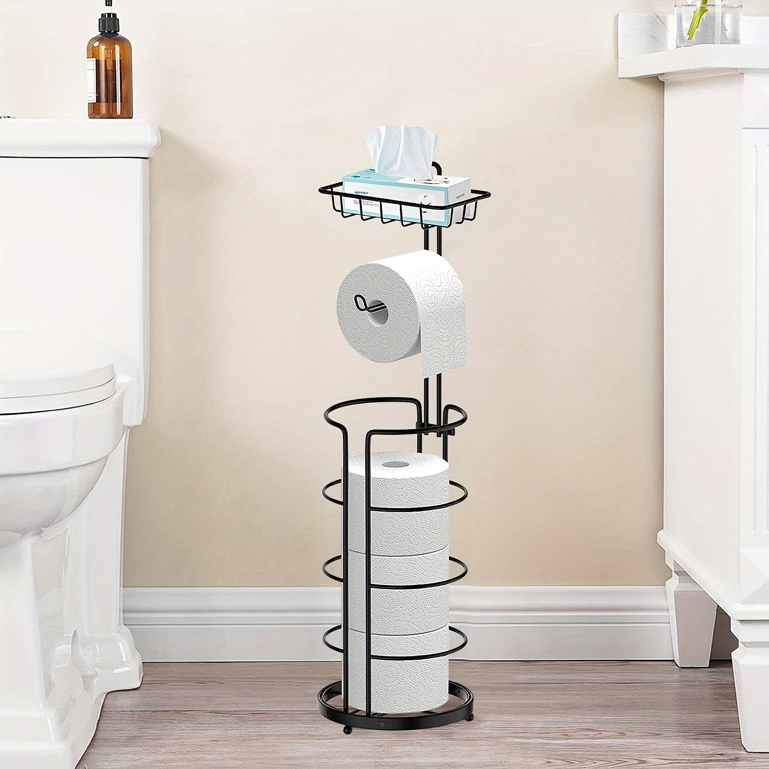 toilet paper holder stand with shelf free standing toilet tissue roll storage rack for bathroom black details 1