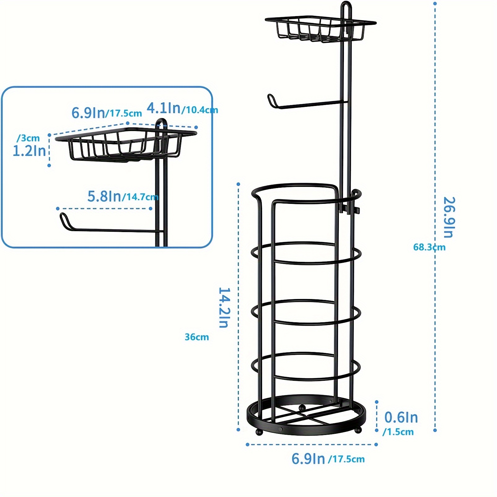 toilet paper holder stand with shelf free standing toilet tissue roll storage rack for bathroom black details 2