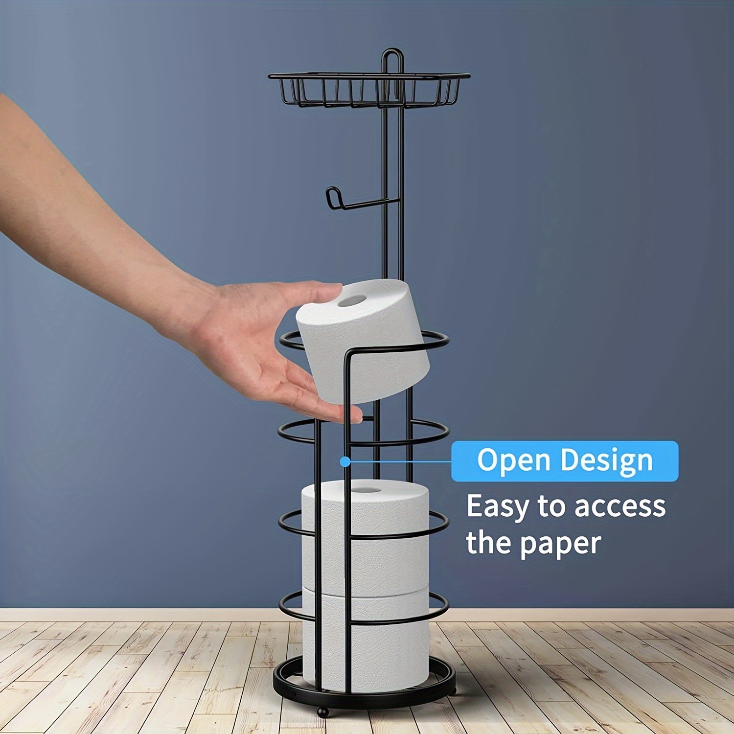 toilet paper holder stand with shelf free standing toilet tissue roll storage rack for bathroom black details 3