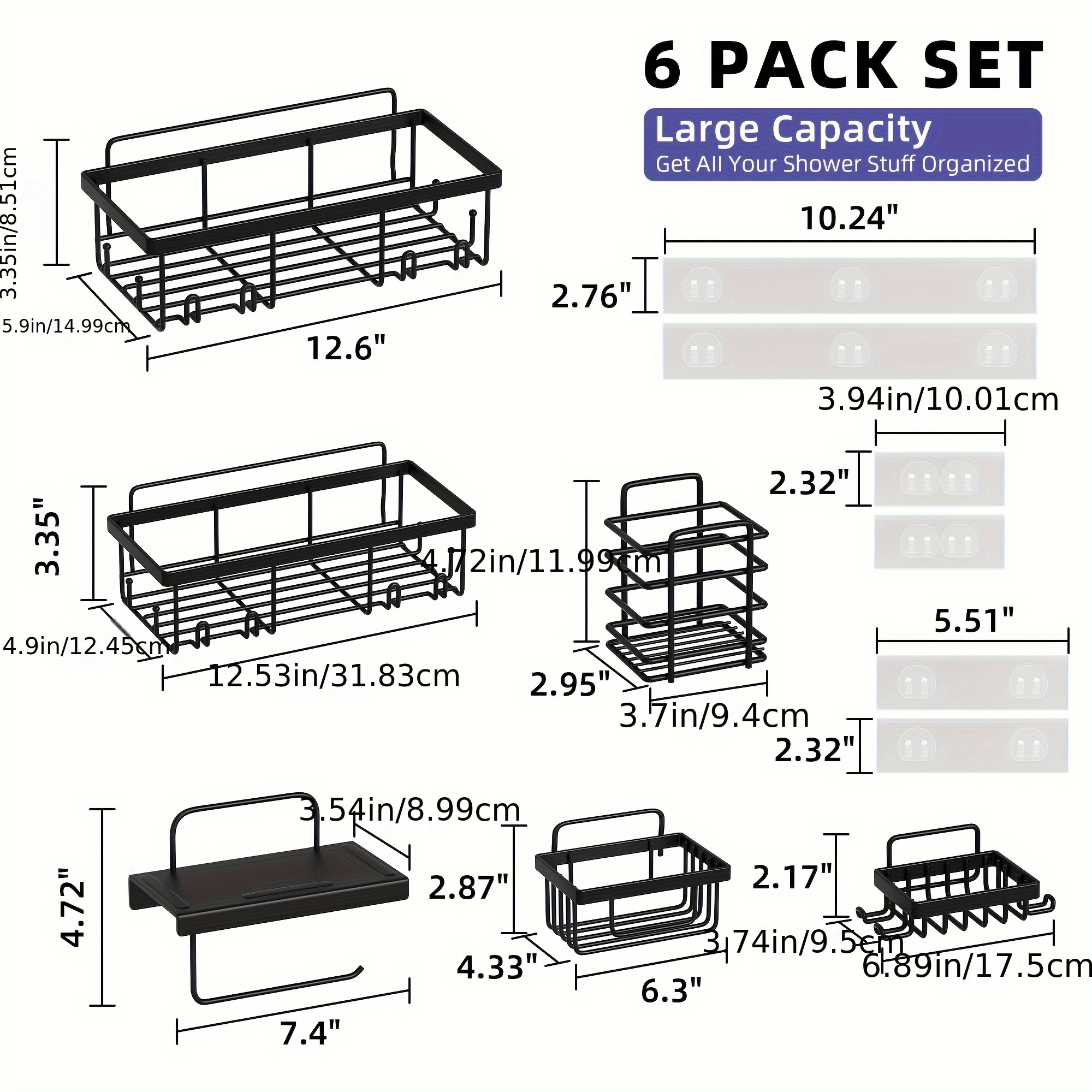 shower caddy 6 pack toilet paper holder soap holder toothbrush holder no drilling 13 in large capacity adhesive shower organizer for bathroom storage kitchen black details 4